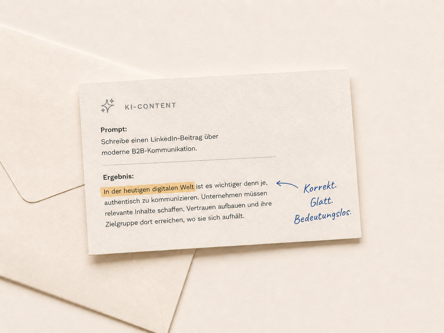 Notizkarte: KI-generierter Prompt und beliebiger Ergebnistext mit handschriftlicher Notiz „Korrekt. Glatt. Bedeutungslos.“