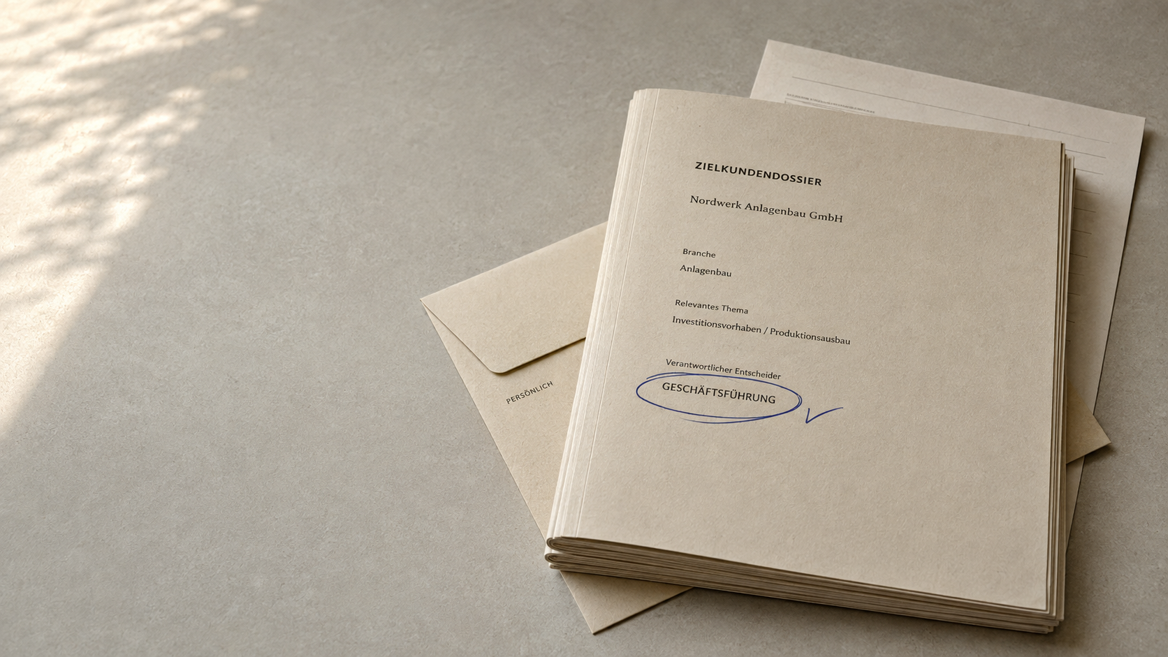 Zielkundendossier „NORDWERK ANLAGENBAU“ mit persönlichem Umschlag – der physische Erstkontakt bei einer Entscheiderkampagne.