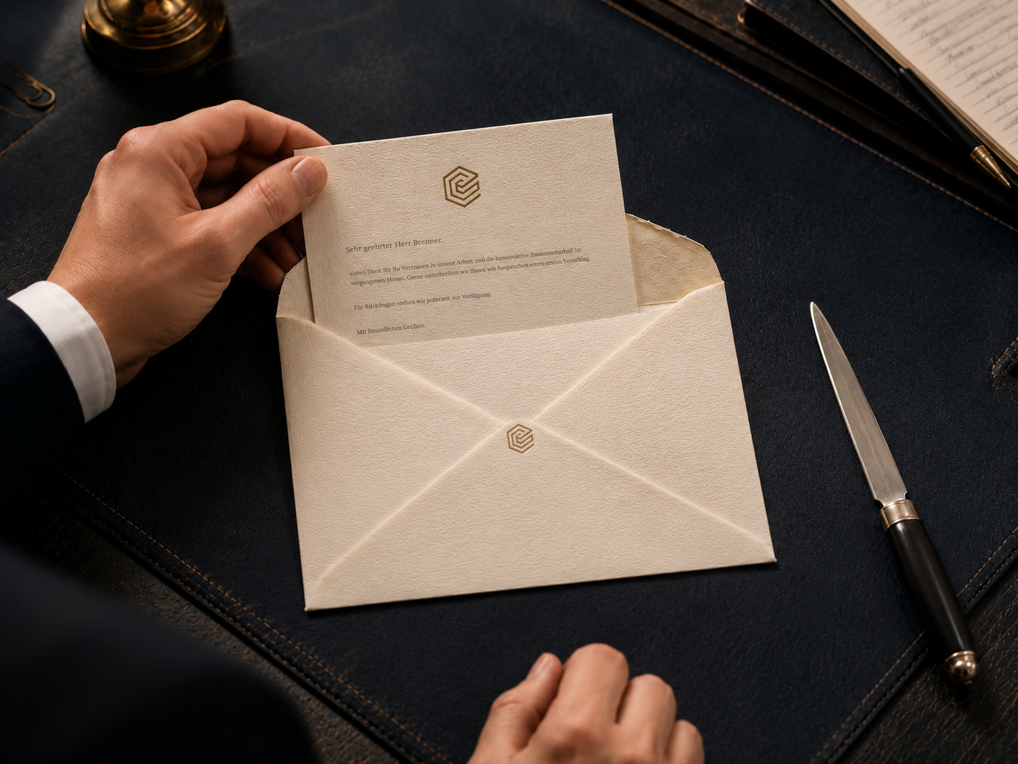 Editorial-Stillleben: Cremefarbener Umschlag mit hochwertigem Brief und handschriftlicher Notiz auf dunkler vertraulicher Unterlage, daneben ein Gold-Füller und ein Wachssiegel — der physische Kontaktmoment, der nicht weggewischt wird.