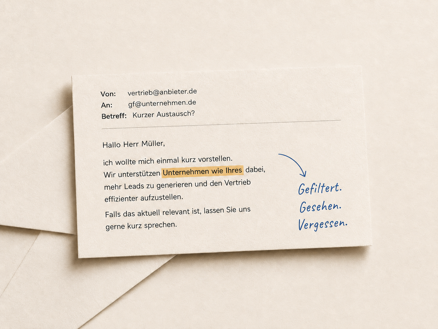 Notizkarte: Vertriebs-E-Mail mit handschriftlicher Randnotiz „Gefiltert. Gesehen. Vergessen.“